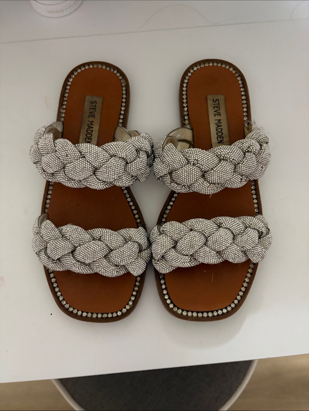 Steve Madden Braided Metallic Silver Double-Strap Slide Sandals